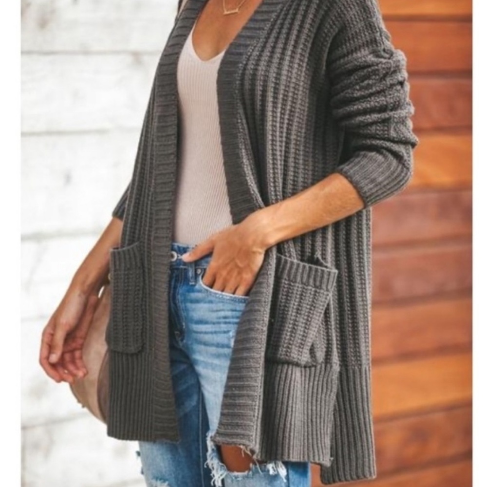 Vici Ribbed Chunky Knit Open Front Pocket Cardigan